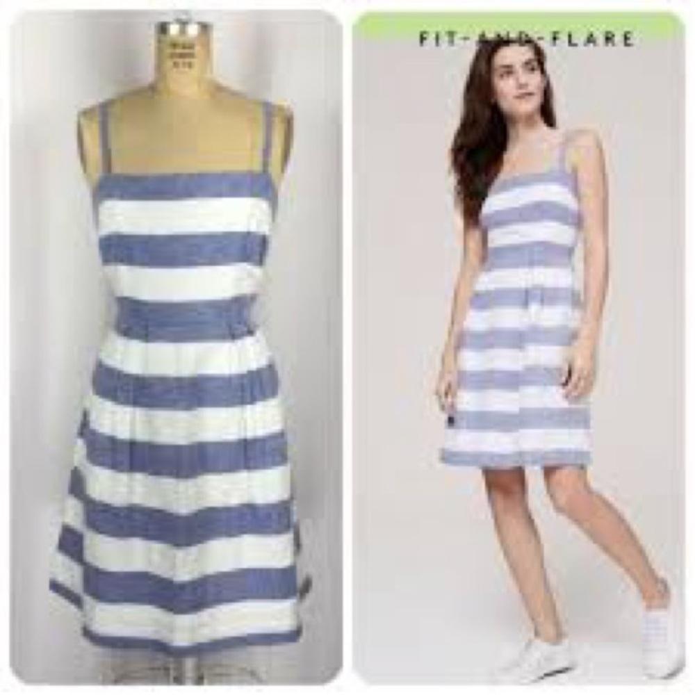 LOFT Linen/cotton Blue Striped fit flare A-line sun-Dress Size 4 - Picture 2 of 10